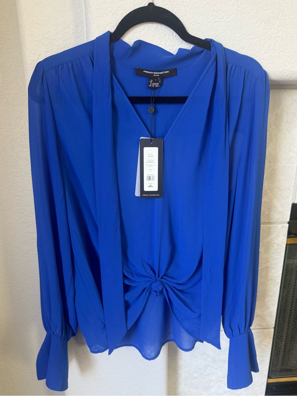 French Connection Cobalt Blue Tie Neck Blouse NWT Size L